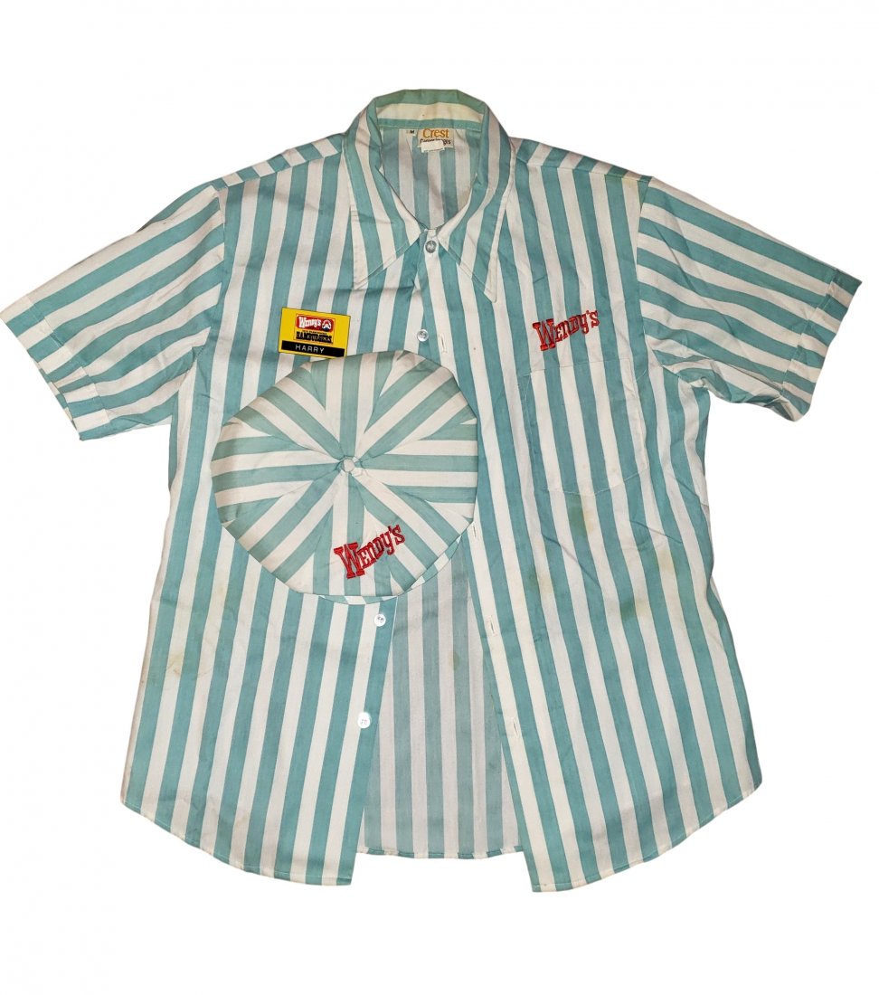 1970s Wendy's Uniform Cap and Shirt: 1970s Wendy's Uniform Cap and Shirt Crisp, and well preserved, blue and white Wendy's restaurant uniform cap and man's button-down shirt in the style worn in the 1970s. Please see the photos provided 