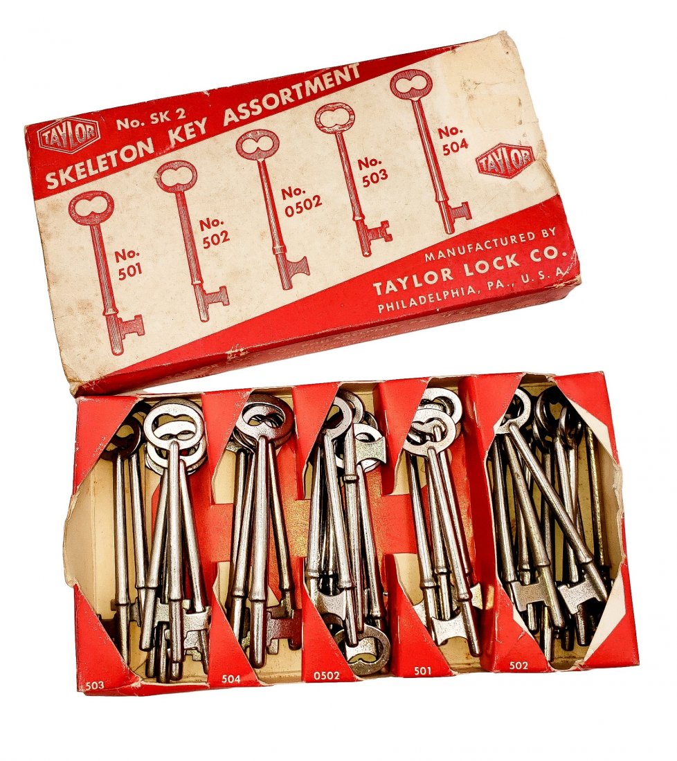 Taylor Skeleton Key Assortment Box: Taylor Skeleton Key Assortment Box - 5 Styles of Key Blanks 3doz pcs 36 Key Blanks of assorted sizes and styles in original Taylor Lock Company box. Please see the photos provided for the best idea of