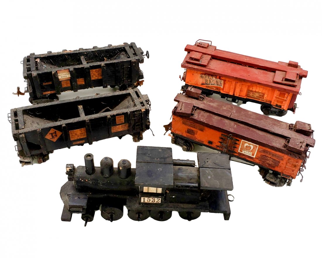 Vintage Primitive Wood Customized Train Set- 5 pieces: Vintage primitive wood customized train set- 5 pieces. Handcrafted wood train cars with metal and or wood wheels. Customized with typed and applied freight information, car names, and company cars. Ve