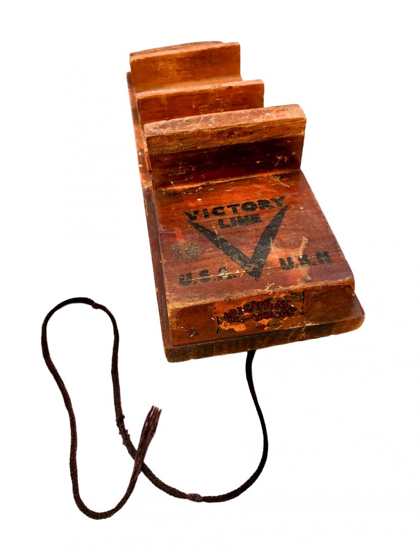 WWII Era Wood Pull Along Car Marked: WWII Era primitive & wood Pull Along Car by Educational Playthings. Well worn used vintage wood toy. Front hood reads Victory Line: USA: USN, front bumper" has worn label for Educational Playthings Co