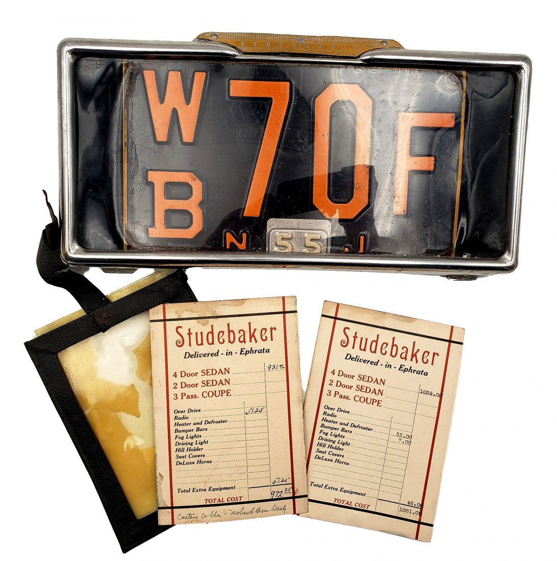 Rare Studebaker NJ Dealers Plate, Frame, Window Tag: Rare Studebaker NJ Dealers Plate, Frame, Car Window Tag, and advertisement. The license frame is in deco style and contains a 1955 New Jersey Dealers Licence Plate. Also included is a period hangtag i