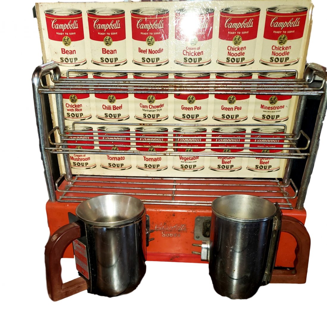1955 Campbell: Perhaps the piece that inspired Andy Warhol! Campbell's Counter Kitchen - 2 Cups, 1955 Commercial Soup WarmerCirca 1955, Uses Helmco Cat CSHC Hot Cups. Graphics on backplate in very good vintage condi