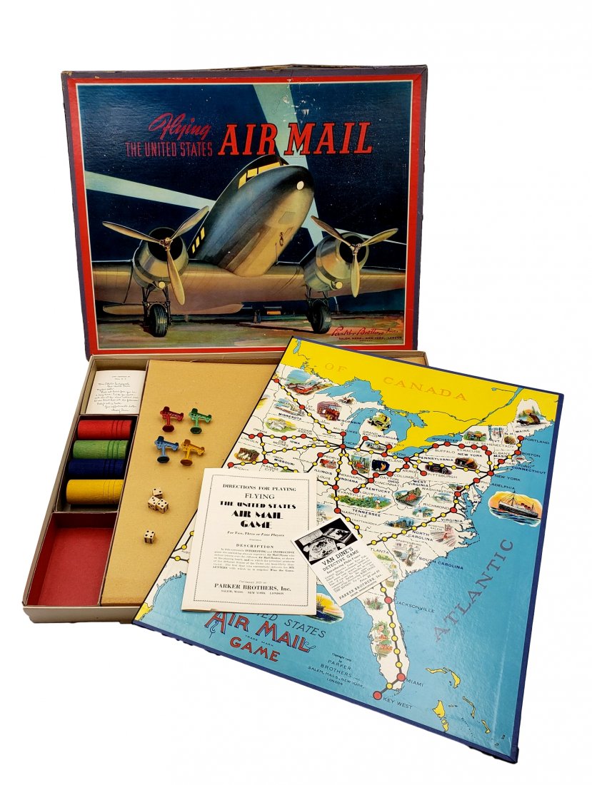 Flying the United States Air Mail Game 1929 Parker Bros: Flying the United States Air Mail Game 1929 Board Game by Parker Brothers. Contents appear complete and instructions are included. Box has mild age & handling, corner/seam wear splits are noted. Pleas