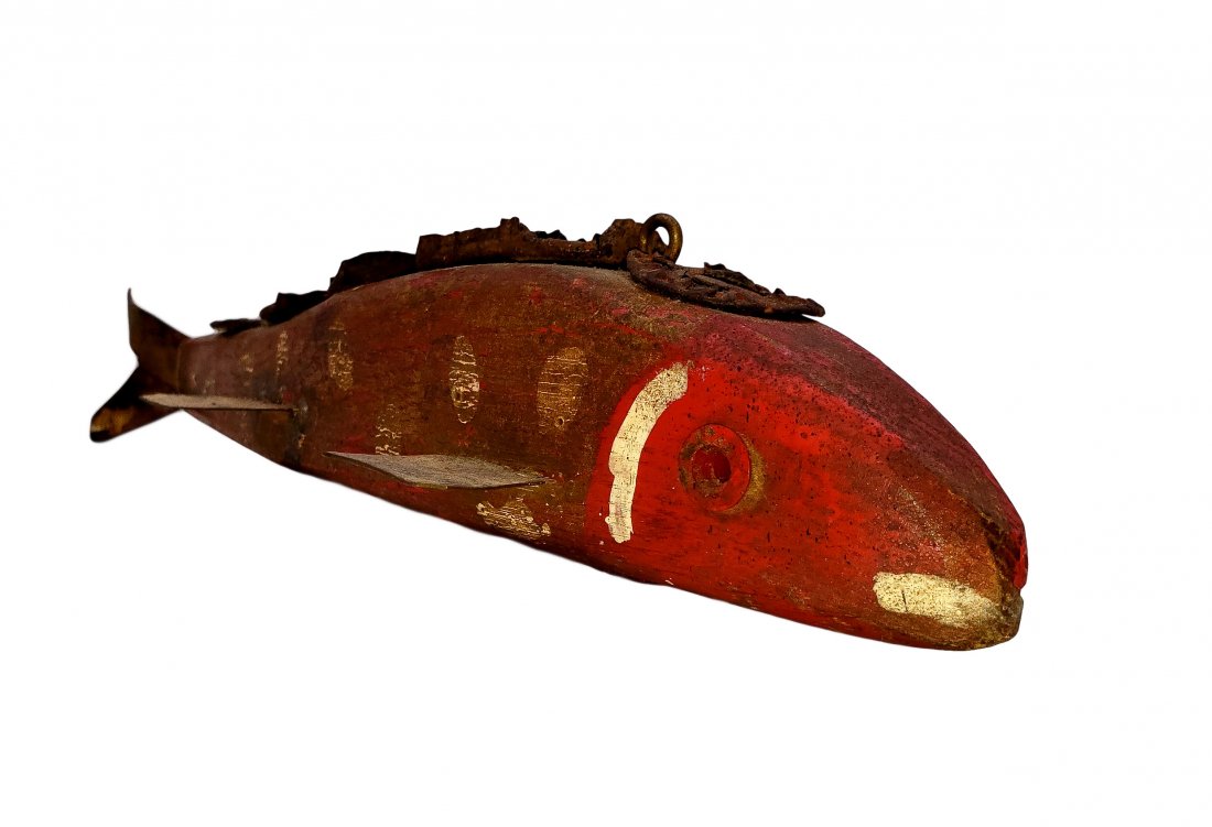 Wood Fish Lure Folk Art - Tramp Art Fish: Red and white details with paint applied to a vintage/antique weighted fishing lure. Metal tail and fins with a metal bottle cap dorsal ridge. Age and use patina along with light rust to some metal su