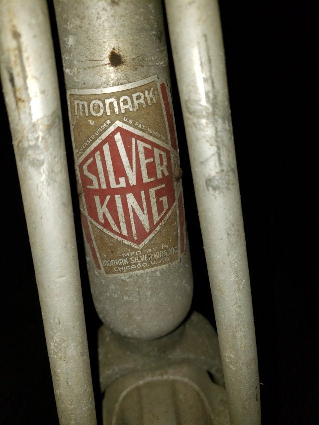 Pre War Monarch Silver King Womens Bike: Vintage pre-war Silver king women's bike. Appears to be original tires, stand, missing part of the headlamp, front basket. This was brought in direct from the estate of the original owner's family. Th