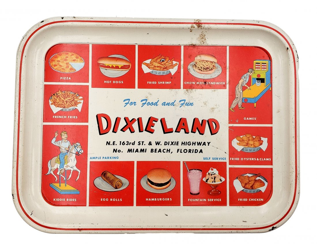 Dixieland Food Service Tray - Miami Beach: Dixieland Food Service Tray - Miami Beach - Vintage Advertising 1950s -60s Graphics include an image of the \" Chow Mein Sandwich, Kiddie rides and games. \" For food and fun; Dixieland, No. Miami Bea