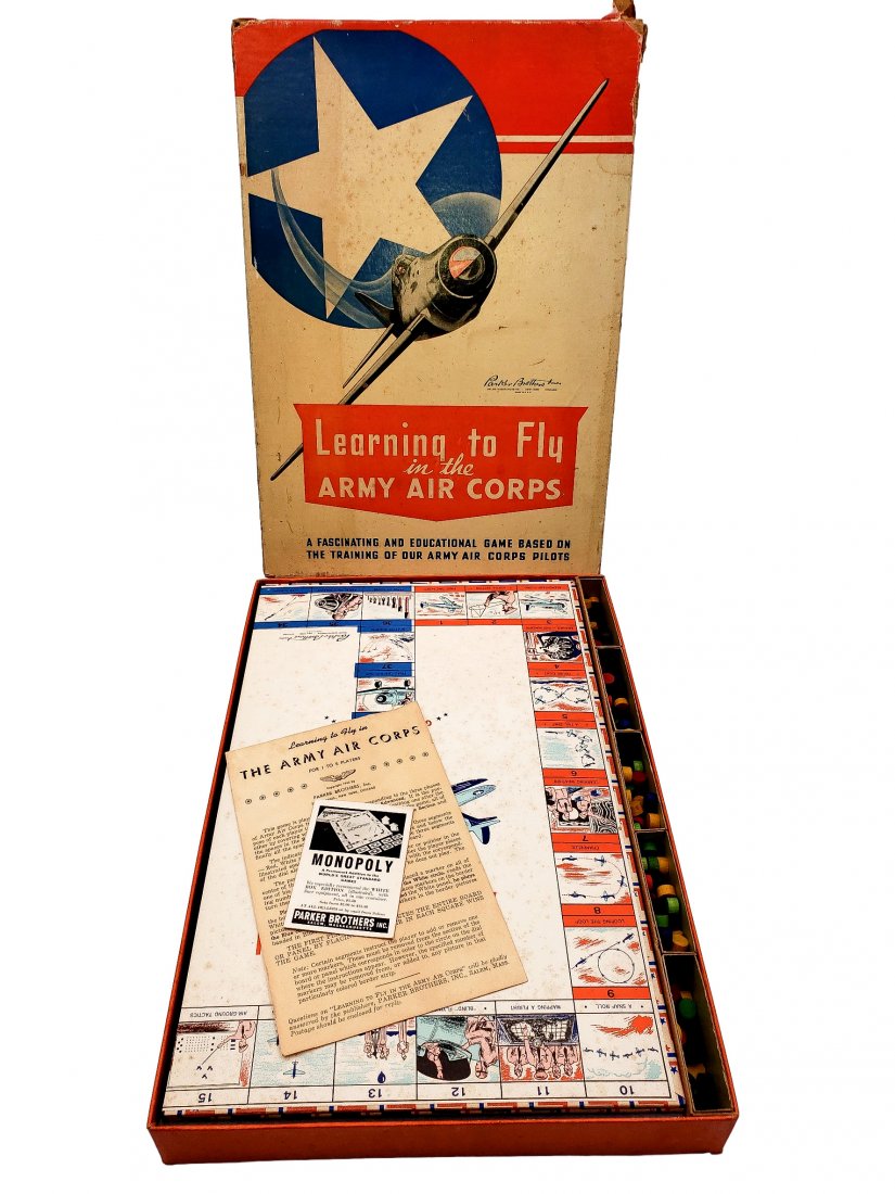 1942 Learning to Fly Army Air Corps Game: Learning to Fly: Army Air Corps Game 1942 Board Game by Parker Brothers. Contents appear complete and instructions are included. Box has age, handling and some corner/seam splits. Please see the photo
