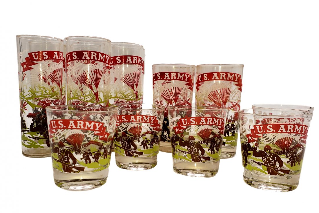 WWII US Army Glassware Set ( 15 pcs) by Federal Circa 1: Vintage set of U.S. Army decorated Collins Tumbler glasses (6 ), standard tumblers ( 4), seamless cocktail ( 5) manufactured by the Federal Glass Company circa 1940s WWII era. Embossed Federal Glass C