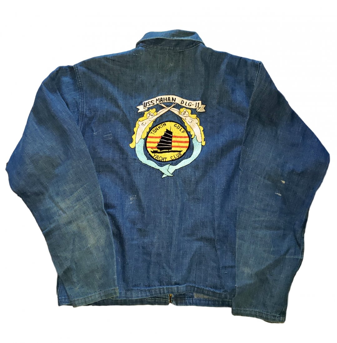 Vintage Tonkin Gulf Yacht Club - USS Mahan Denim Jacket: Tonkin Gulf Yacht Club ( tongue-in-cheek nickname for the United States Seventh Fleet during the Vietnam War) embroidery across the back. Zip front vintage small to medium naval style denim jacket wit