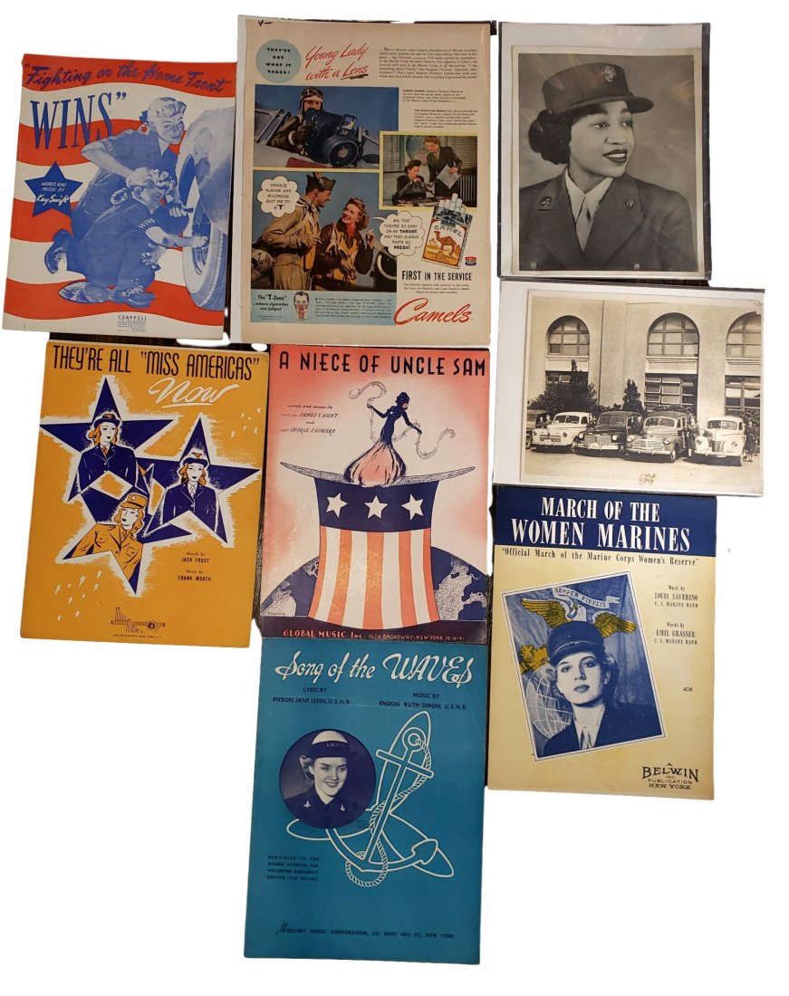 Women and WWII Era Lot: (A) Vintage Yarn craft female solder pin back - NOS 3 inches high (B) Five issues of WWII sheet music including " March of the Women Marines " and " Song of the Waves", and others. ( C ) African Ameri