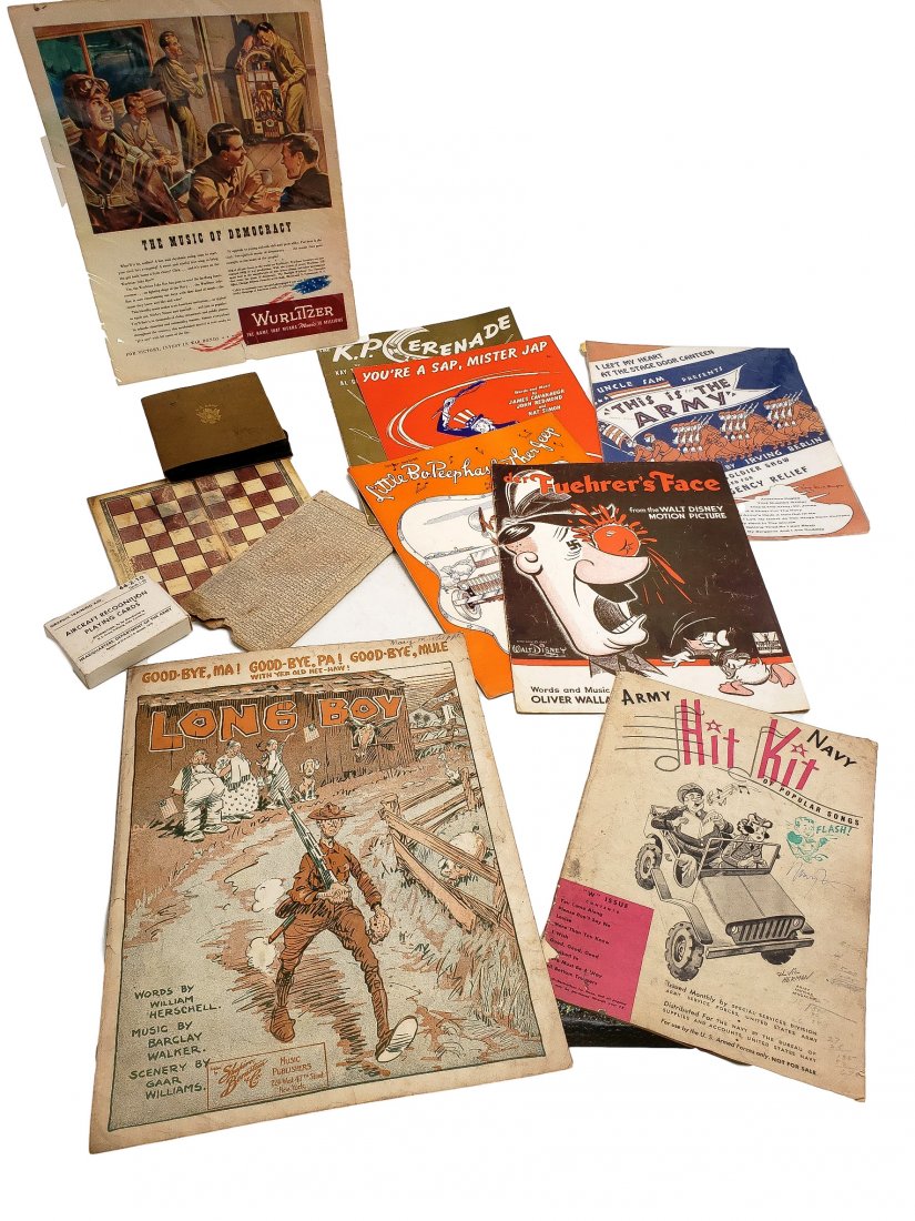 Military Morale Lot - WWI to Vintage: (A) Circa WW I Trench Checkers Board in original sleeve ( no checkes pieces) 7.5 x 7.5 inches open (B) US Army Check R Pak WWII with black checker pieces all intact, no red pieces left, 9 x 9 inches o