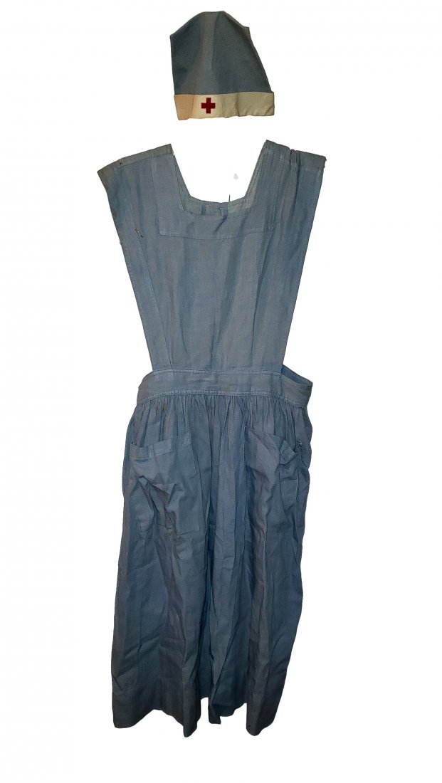 Vintage Red Cross Uniform - Nurse Volunteer: Vintage Red Cross volunteer nurse's uniform light blue cotton chambray fabric full skirt with 2 pockets & a pinafore style top, with matching hat. Very Fine vintage condition. No issues noted. Vintage