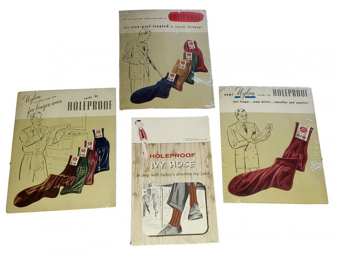 Holeproof - Vintage Men: Four stand up point of sale cards. One small 8.75 x 14 inches, three 11 x 14 inches. Very good vintage condition, cello wrapped, appear unused. One upper left corner light stain is noted.