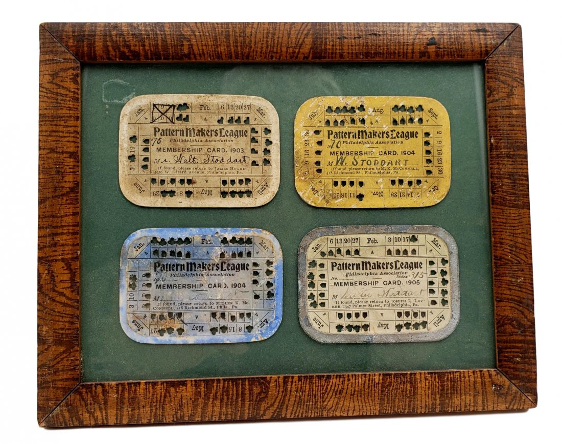 Framed 1903-05 Pattern Makers Membership Cards: Four Pattern Makers League Philadelphia Association Membership Cards all from the same man: Mr. Walter Stoddart. Mr. Stoddart was member number 70 and the meeting date hole punches around the rim of e