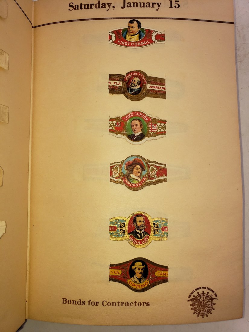 Cigar Bands Collection - 725 + Pieces 1920s-30s: By modifying a 1927 Calendar Diary the curator of this large collection was able to create a scrapbook. The book protected, organized, and displayed 552 cigar bands from the late 1920s to the early 19