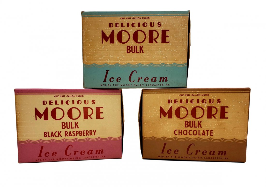 Three Vintage Display Ice Cream Cartons - Moore Dairy: Black Raspberry ( Pink ), Chocolate ( Brown ), and Vanilla ( Blue). Each carton is half-gallon size, marked MFD by the Moore Dairy Lancaster, PA and all are in well preserved vintage condition with mi