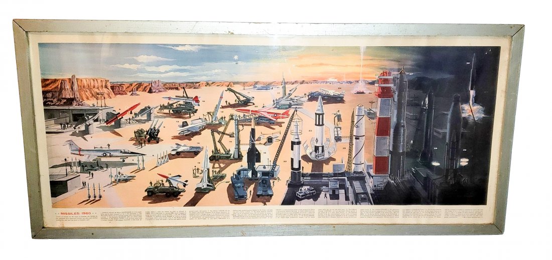 Missiles : 1960 Framed Vintage Panorama Print: USA Space Program - Rockets and Missiles poster printed in the U.S.A. in 1959 by the Remsen Advertising Agency, as marked on the lower left-hand corner. Artist signed R. Swanson on the lower right sid