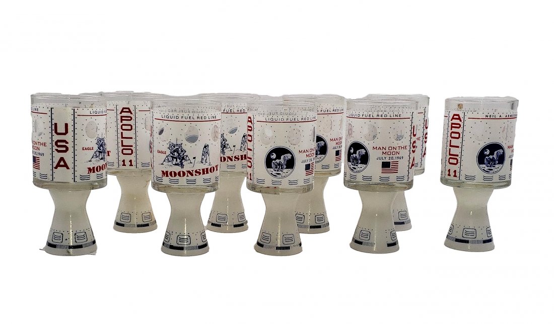 1969 Moonshot - Shot Glass Tumblers 9 pieces: Apollo 11 Man on the Moon July 20, 1969, Moonshot Tumbler Shot Glasses, nine pieces plus an extra Apollo program Ice Tea size tumbler. All 10 pieces are in fine vintage condition, mild storage and han