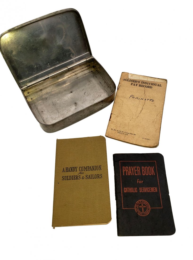 Pocket Bible Size Bullet Proof Case - WWII: Small Custom Metal box, perfect pocket size for the contents within; Prayer Book for Catholic Servicemen, A Handy Companion for Soldiers & Sailors 1941, from the Archdiocese of Philadelphia and in thi