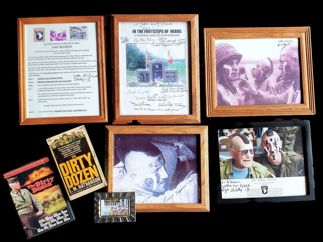 The Filthy 13 , " The Dirty Dozen" Autographs Lot: A) Framed Autographed picture of Robert S. "Ragsman" Cone (P.O.W, Normandy) from the preparations for the invasion 5th of June 1944 B) Framed Joel Iskowitz photo of Jake McNiece " Sgt Filthy 13" with 