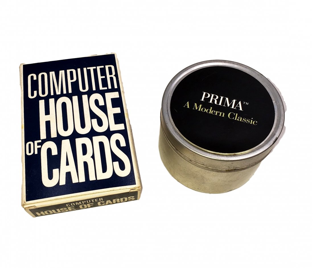 Eames Office Toys - IBM Cards - Wood Tops: Eames Office Novelties - IBM Cards and Wood Spinning Tops. A) Computer House of Cards, Designed by Charles Eames for IBM - a desktop hose of cards set with notched edges for stable structures and feat