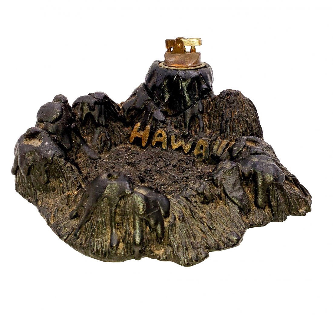 Vintage Diamond Head Volcano Ashtray w/ Lighter: Vintage Diamond Head Volcano Ashtray with Lighter by Poly Art # L153L Hand Made with Lava. Vintage refillable flint and wick style lighter of brass inset into the design and removable for use or filli