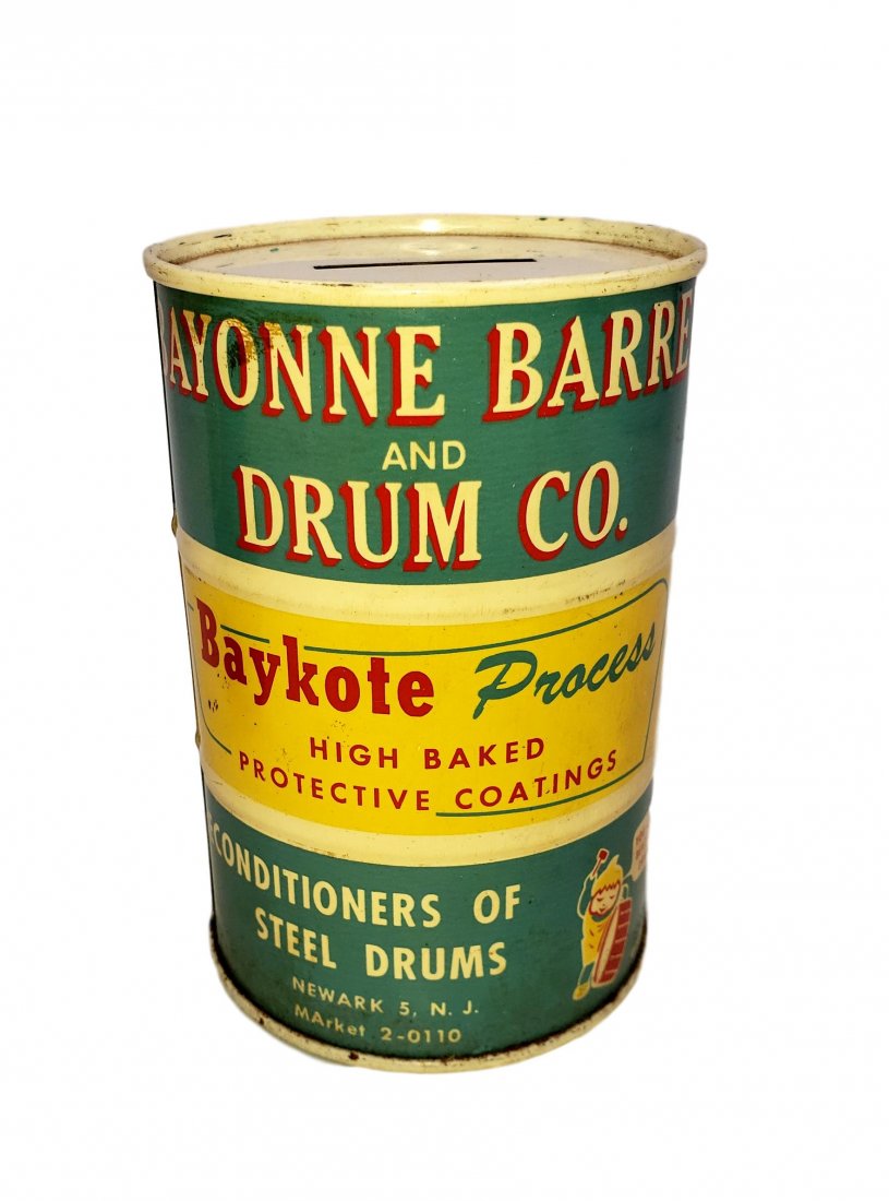 Bayonne Barrel and Drum – Vintage Ad Bank: A vintage steel bank as advertising for The Bayonne Barrel & Drum Co. of Newark New Jersey. -You can Bank on our Drums to Save You Money! - Bottom stopper intact, good vintage condition mid-century ad