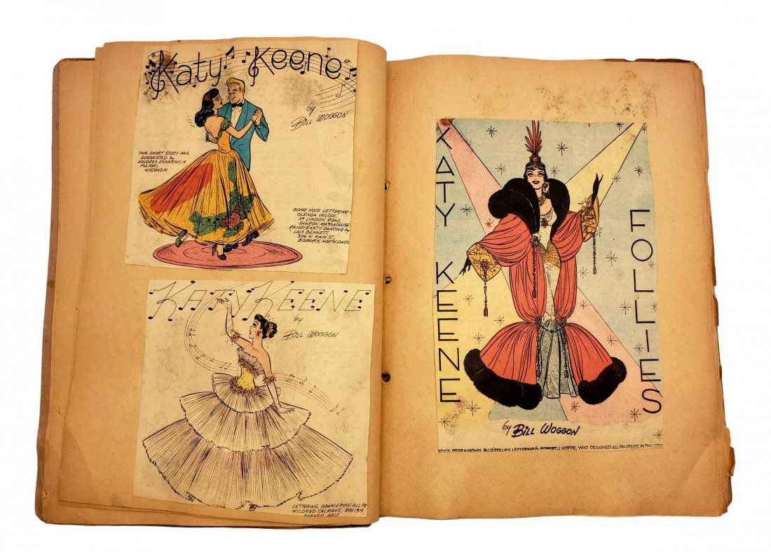 Katy Keene Scrapbook of Pin Ups: Homemade scrapbook featuring Bill Woggon's Katy Keene fashion icon character. 40 plus pages of pins ups, fashions, paper dolls, including; Queen of Outer Space, Bride of the Year, Butterfly Fairy, Car