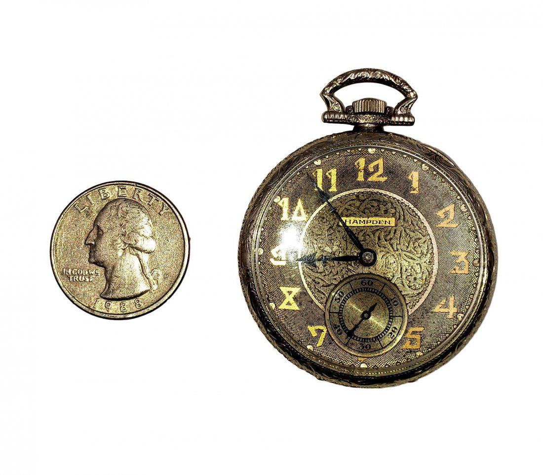 WW1 Era Hampden 17 j Pocket Watch 14 k GF: Dueber Hampden 17 jewels pocket watch signed Paul Revere double roller, 14 k solid filled. With 1918 serial number on watch works - 3434868-. Pristine clean interior, not tested for timekeeping, cryst