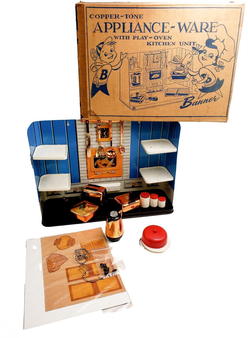 Tin Litho -Banner Kitchen Betty Ware in Box: Vintage Tin Litho by Banner No. 3024 – Kitchen: Betty Ware. Includes Coffee Pot, toaster, waffle iron, cooking utensils, and skillet. Litho play kitchen unit size: 18 x 12 x 5.5. All pieces are in v