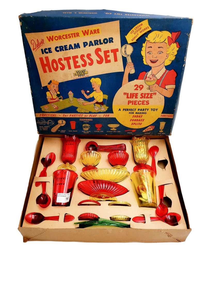 Worcester Ware- Ice Cream Soda Hostess Set Toy in Box: Worcester Toy Co. - Worcester Ware- Ice Cream Soda Hostess Set- Includes 1 Ice Cream Scoop- 4 Tulip Dishes- 3 Banana Split Dishes- 4 Sundae Dishes- 4 Soda Glasses, 4 Soda Glass Holders- 6 Spoons - Exc