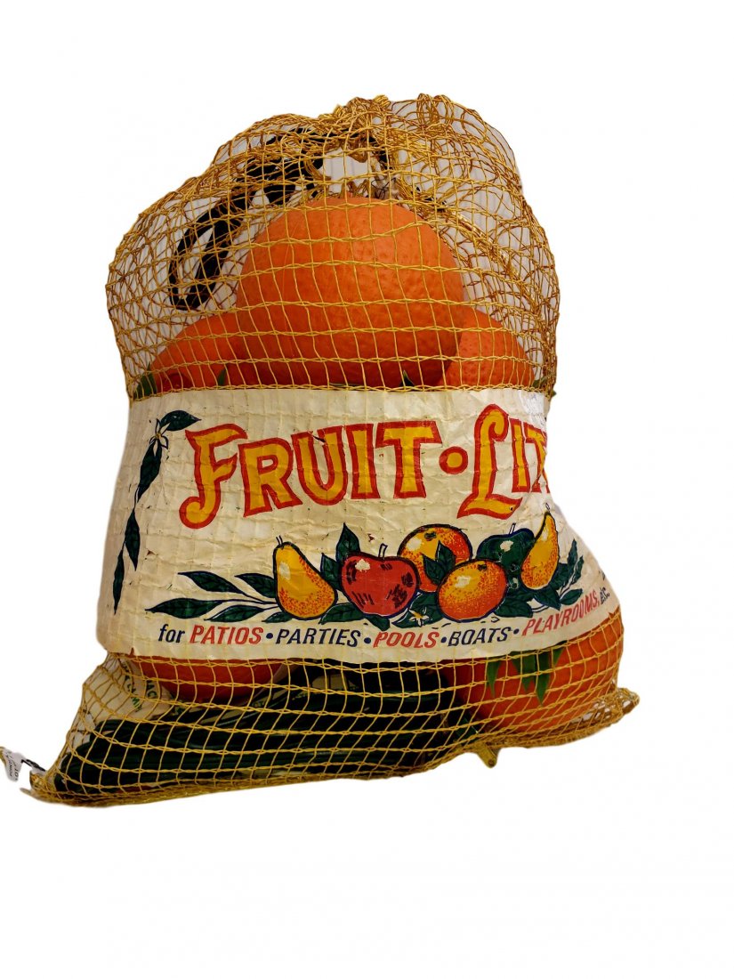 Fruit Lites - Vintage Novelty Patio Lights NOS: Presented in an open weave net bag like Florida Oranges, new old stock patio lighting 20ft long cord of plastic Oranges lighting for indoor/outdoor use by Lidco Freeport, NY Vintage Bar Tiki Bar Tropi
