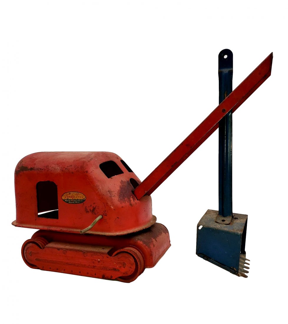 EARLY Steel Tonka Steam Shovel: Caterpillar track style early red and blue steam shovel by Tonka. Original paint and decals on both sides read" Tonka Toys; Mound Metalcraft Inc; Mound, Minn". Condition notes: Crank moves freely but