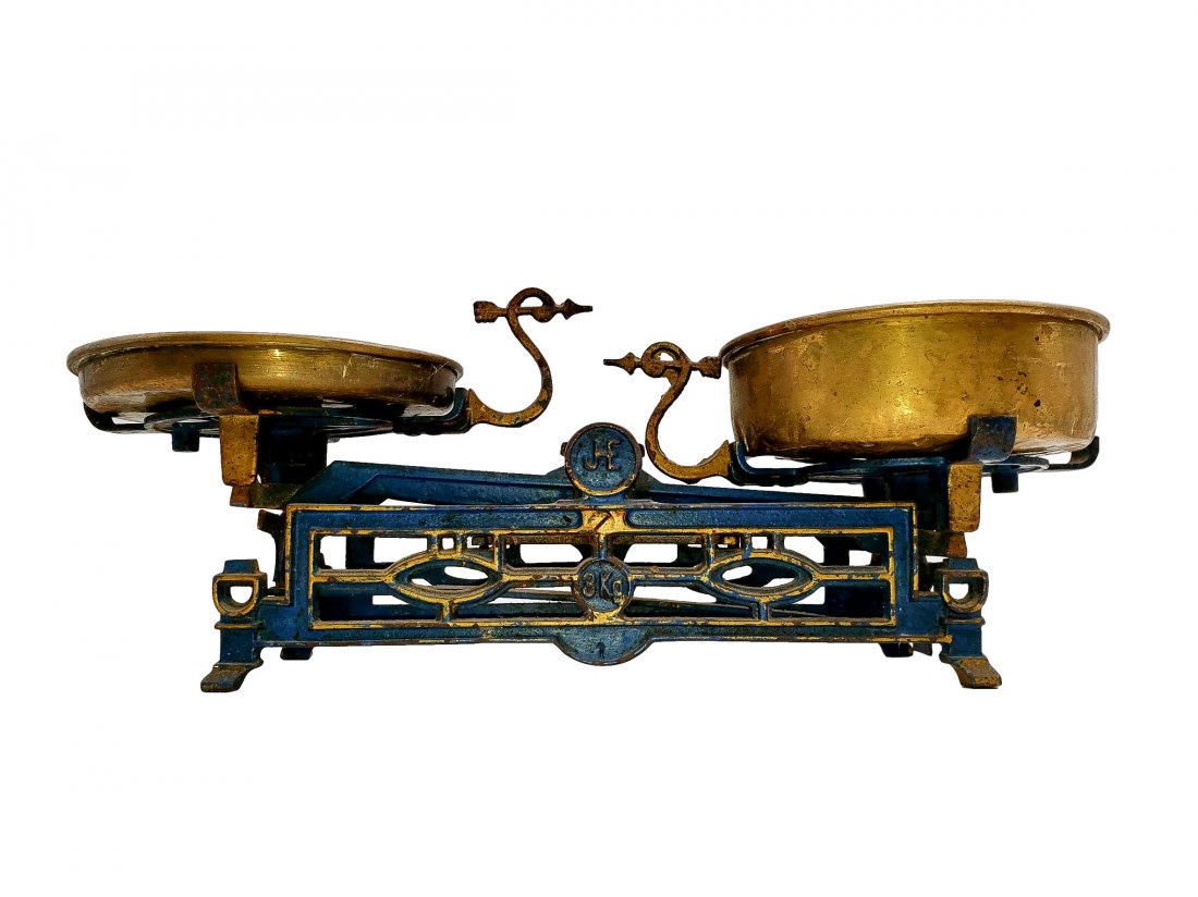 Antique European JE Dual Pan Scale- 8kg: Antique European Balance Scale /Mercantile Drug Store/ Candy, 8Kg, Original Brass Pans, Circa Victorian - Edwardian era marked JE, ornate letter S shaped pan holders, blue paint over brass look metal.