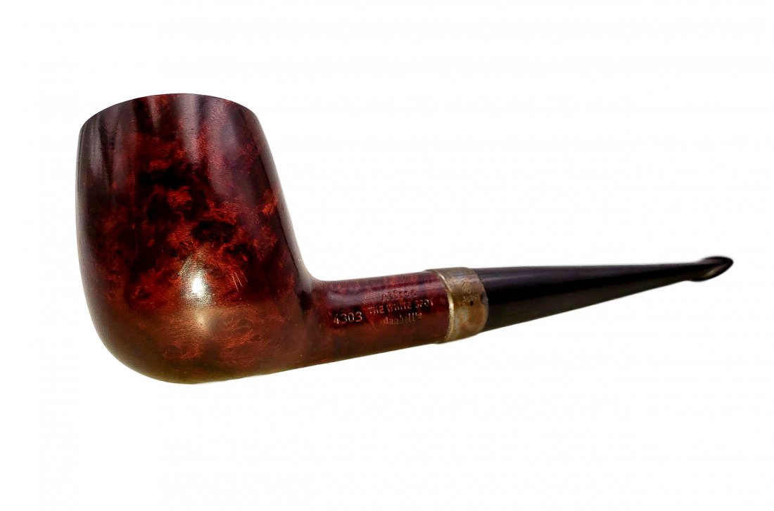 Dunhill White Spot Bruyere Billiard Style #4303 Pipe: Smooth finish, billiard style bowl Bruyere pipe with a black vulcanite stem and Sterling Silver band. Made in England. Provenance The Bruce Cohn Collection. Light wear and handling, mild rim darkening