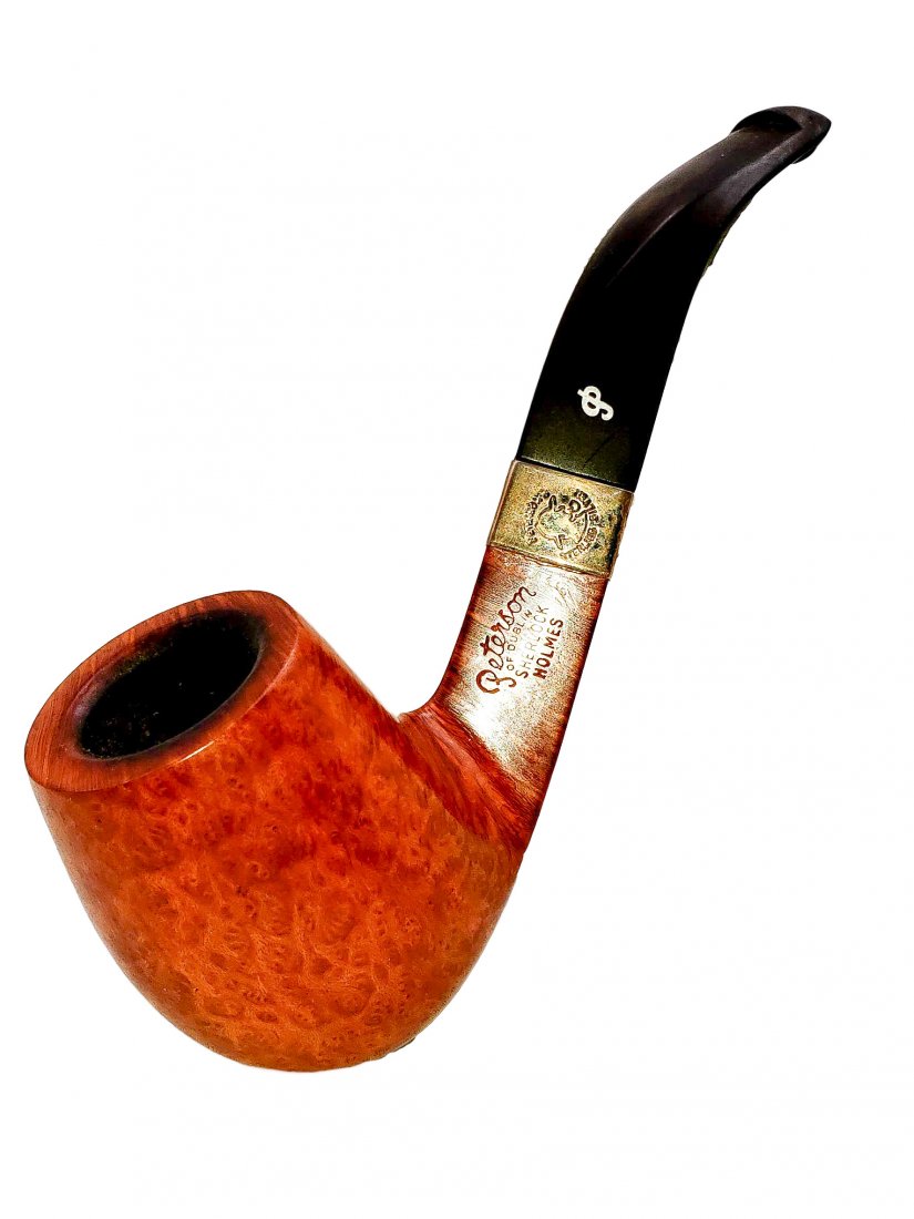 Peterson Sherlock Holmes : Milverton Sterling Band Pipe: Peterson Milverton Style Sterling Banded Pipe. Smooth finish natural tone briar, bent billiard shape/style bowl with a bent vulcanite stem, sterling silver banded at mount. Made in Ireland. Provenance