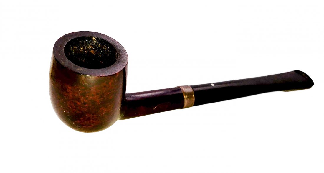 Dunhill Dress Bruyere with Silver Billiard #1303 Pipe: Dunhill White Spot, Smooth finish, petite billiard style, Bruyere pipe with a silver band, and a black vulcanite stem. Made in England. Provenance The Bruce Cohn Collection. Moderate use, wear, and ha
