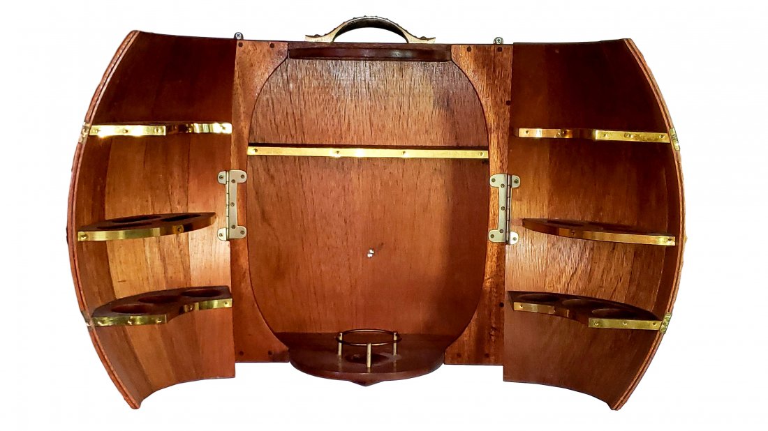 Wall Mount Half Cask Keg Bar - Made in Post War Japan: Lockable half keg/cask style cabinet with inner shelf sections for sake cups, saucers, and a single central bottle. Constructed with flat joinery techniques, tongue and groove as well as flat head scr