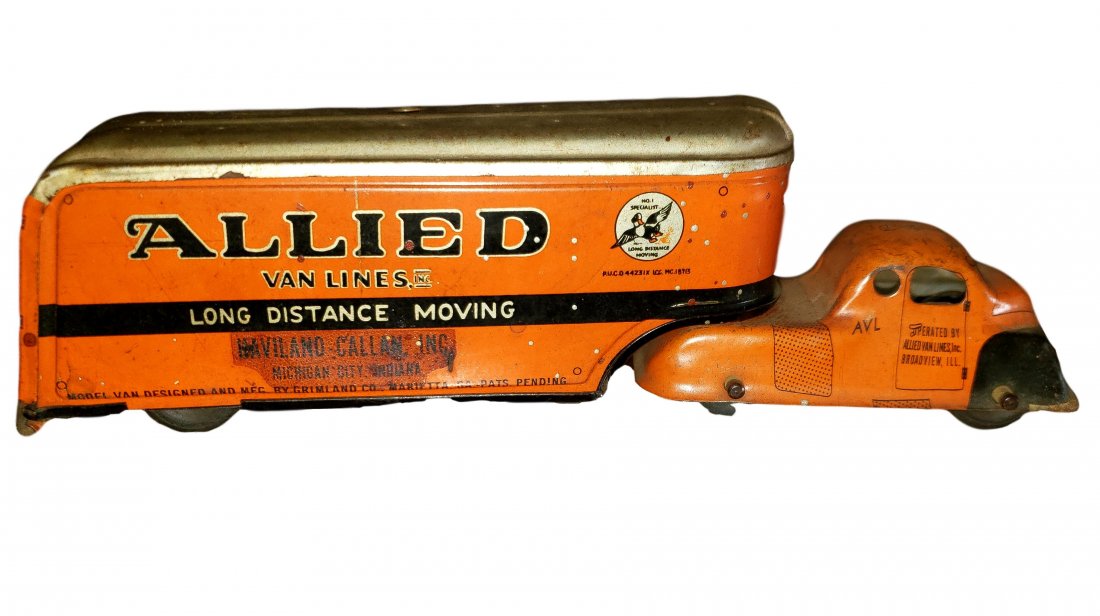 Grimland Allied Van Lines Long Distance Moving Tin Toy: 1930's Grimland Co Allied Van Lines North Western Warehouse tin litho moving semi-truck. Measures 7 3/4"L x 2"T x 1 1/2"W. Very few were produced. In good to very good condition. Tires and wheels all 