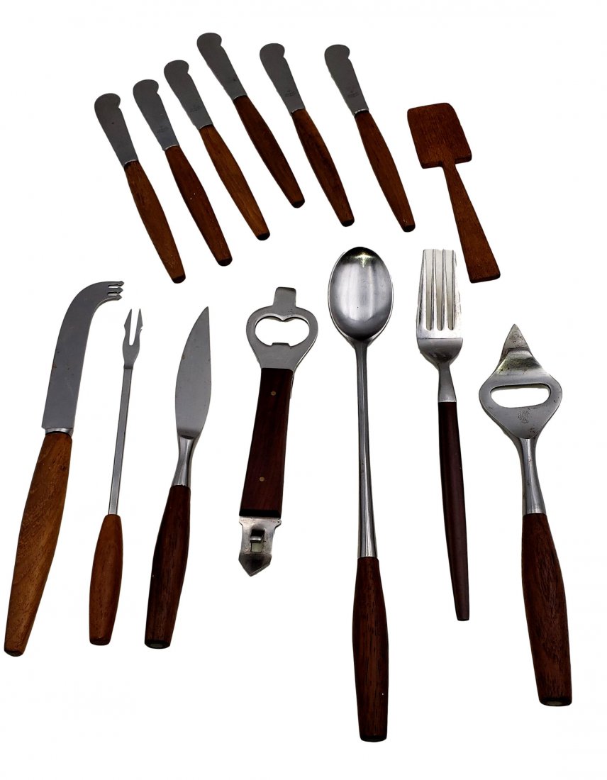 Teak Handled 14 Hostess Pieces :Dansk, Rostfrei.: Eight cheese spreader knives, two bottle openers, 2 forks- olive and serving, one long stirring cocktail spoon, and one petite wood paddle spreader for soft cheeses or dips. All are in gently used, cl