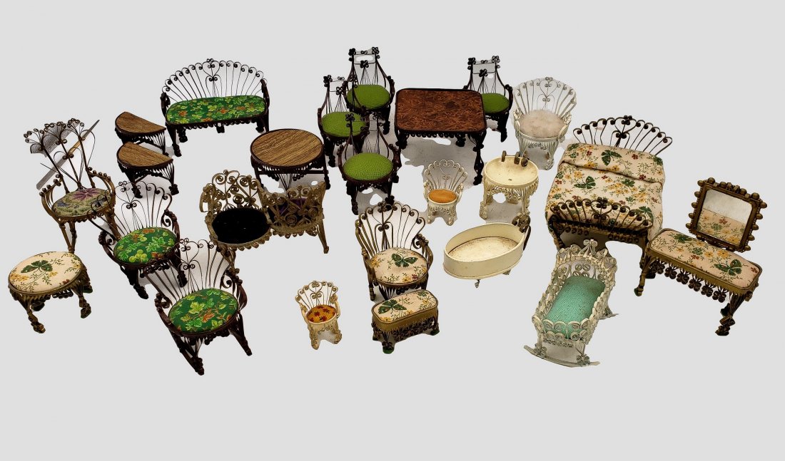 Vintage Arts & Crafts : Tin Can Doll Furniture: This is a 24-piece doll furniture set some of which included are a bed, numerous chairs including rocking chairs, a sink, a few tables, a vanity, and a bassinet. All are handmade with beautiful detail