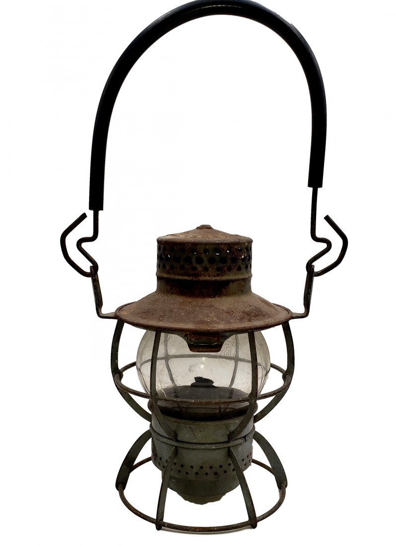 Dressel Arlington RR Lantern w/ Rubber Coated Bail: Original comfort grip rubber tube over bail still intact, pat no. 2157081 on base of fuel tank, globe style RR lantern marked Dressel Arlington. 9 inches high.