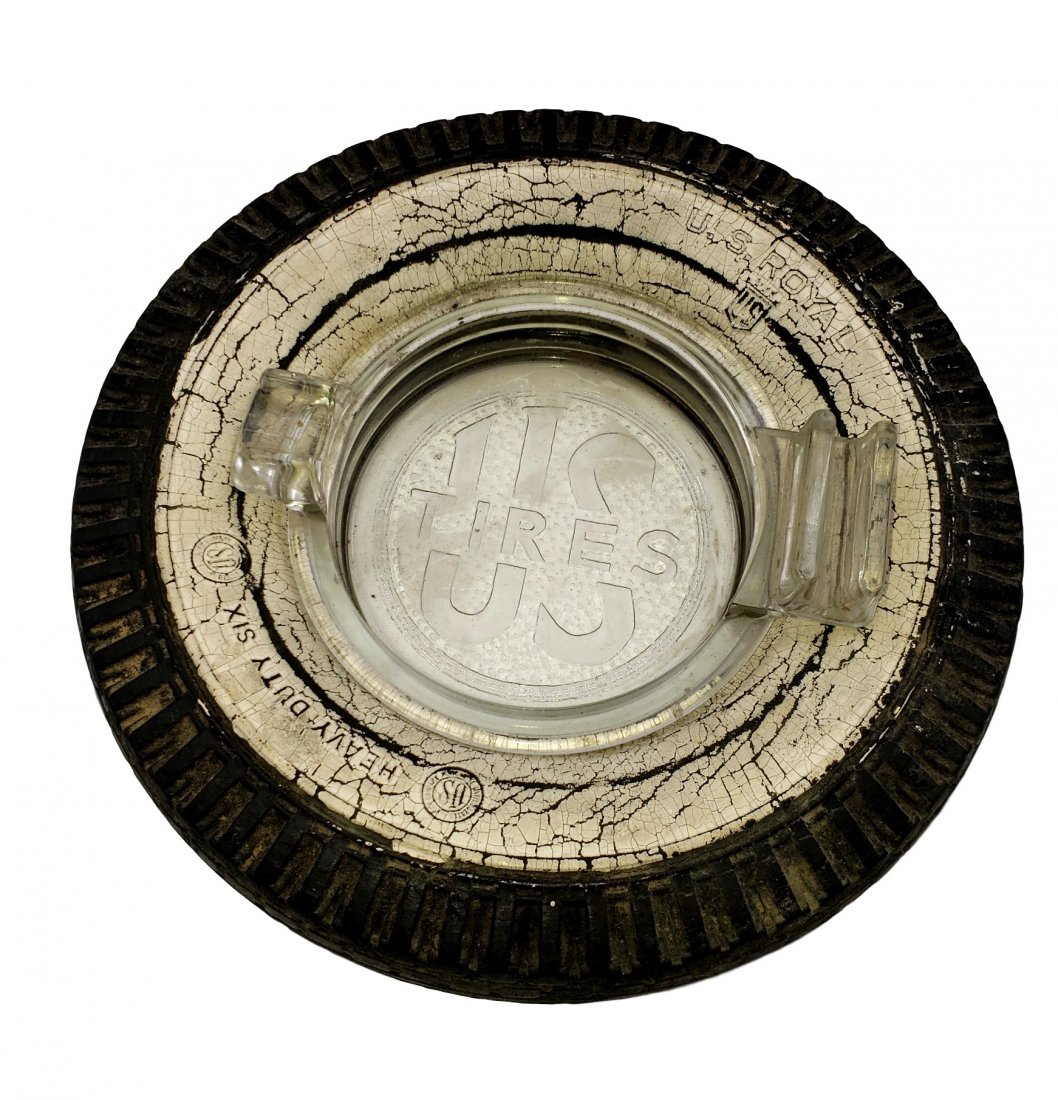 US Tires Vintage Advertising Ashtray: Whitewall US Royal heavy Duty Six rubber tire in miniature with glass ashtray insert embossed US TIRES . Glass is in fine condition, tire shows age-related rubber changes, cracks to white areas. Size: