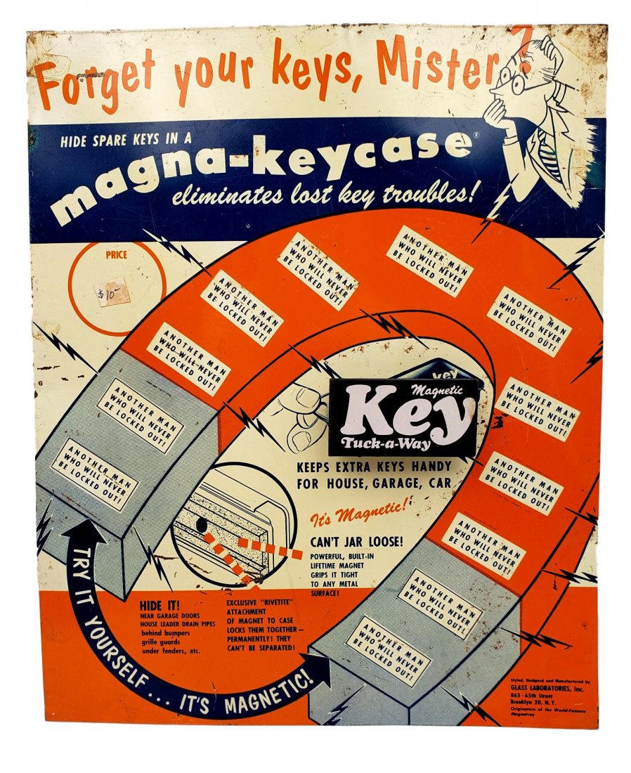 Metal Point of Sale Display Magna- KeyCase: Metal Point of Sale Display Sign - Magna- KeyCase - Tri-Color Advertising. Metal sign with cardboard stand on the back for countertop display of magnetic key holders Magna-Keycase Noted: surface wear 
