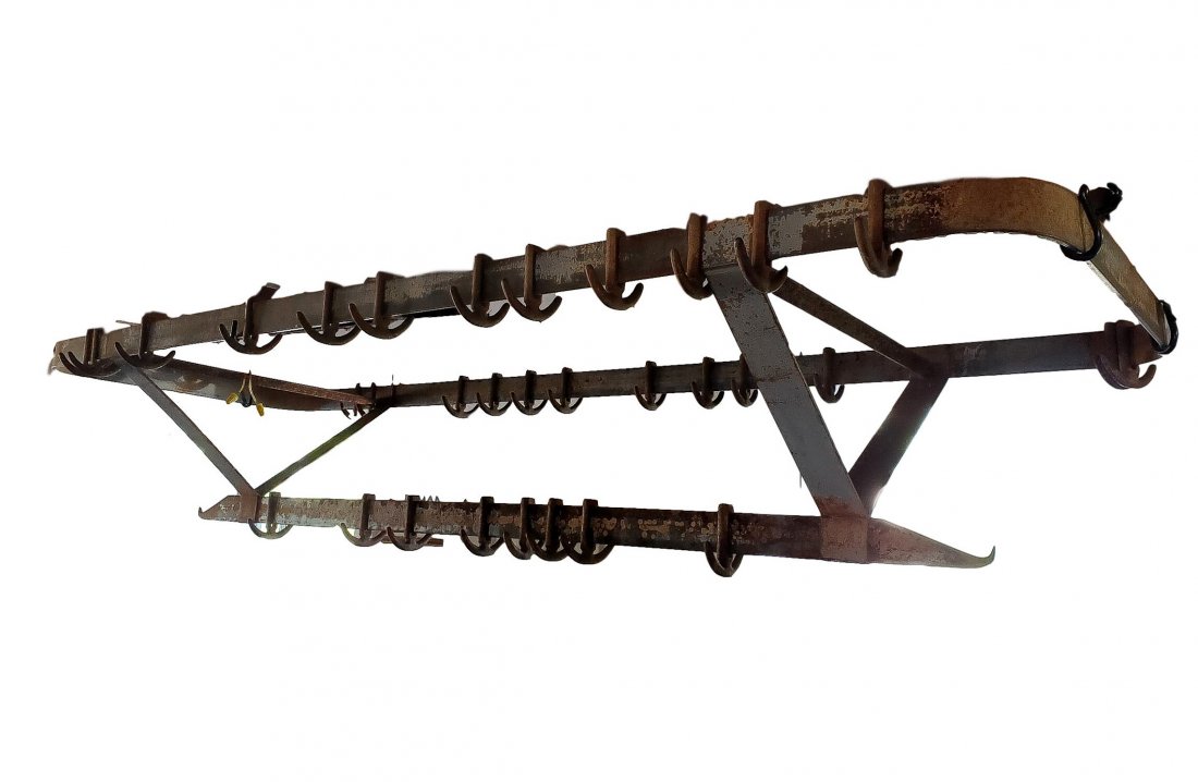 Commercial Island Size Pot Rack - Cast Iron: Perfect for the large designer kitchen, approximately 6 feet long with abundant adjustable spacing for the 32 double-sided oversized pot hooks. Decades of services in the kitchens of more than one re