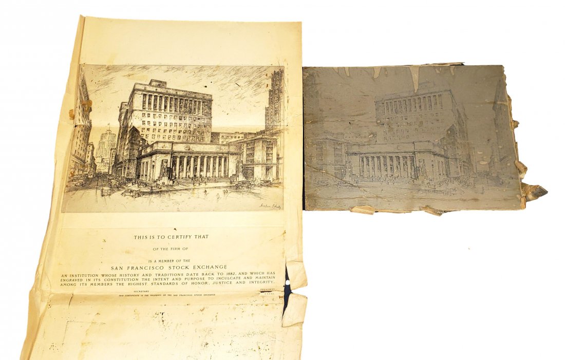 Copper Plate: San Francisco Stock Exchange Bldg: Etched copper plate circa 1940. The plate surface is paraffin protected. Image under paraffin reveals an etching of the San Francisco Stock Exchange Building after the work of Anton Schultz . 9 x 12 i