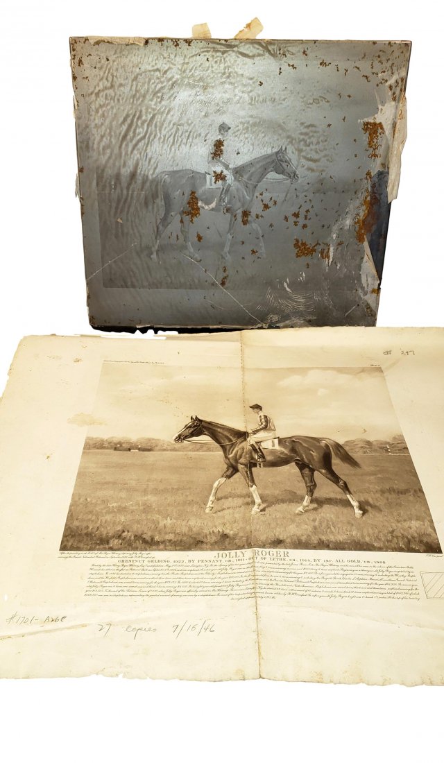 Copper Plate: 1940s Horse Etching - Jolly Roger: Etched copper plate. The plate surface is paraffin protected. Image under paraffin reveals an etching of the famed horse – Jolly Roger with Jocky in uniform. Size : 15.75 x 14 inches. The plate come
