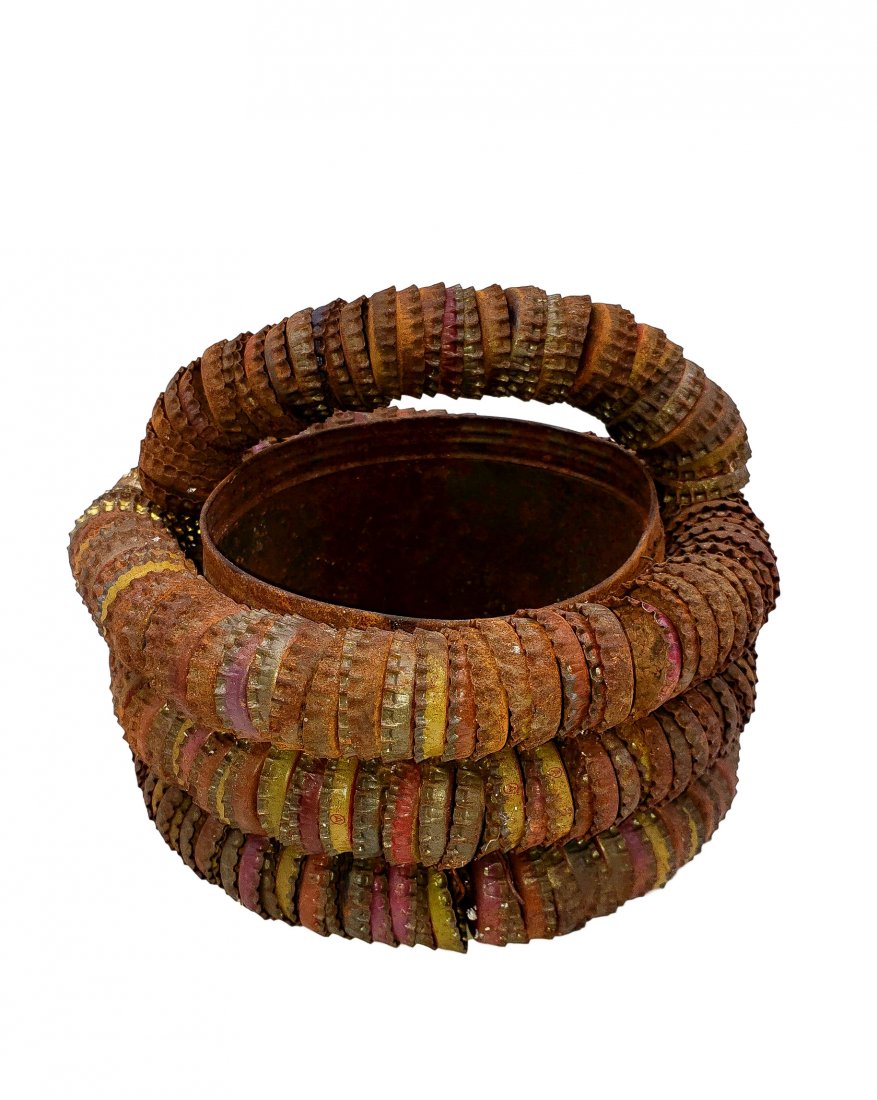 Basket of Bottle Caps Around Coffee Can: Functional Tramp Art Wireframe support bottlecap design hand basket formed around vintage key open style Maxwell House Coffee can. Light rust and patina of age overall. Please see the photos provided