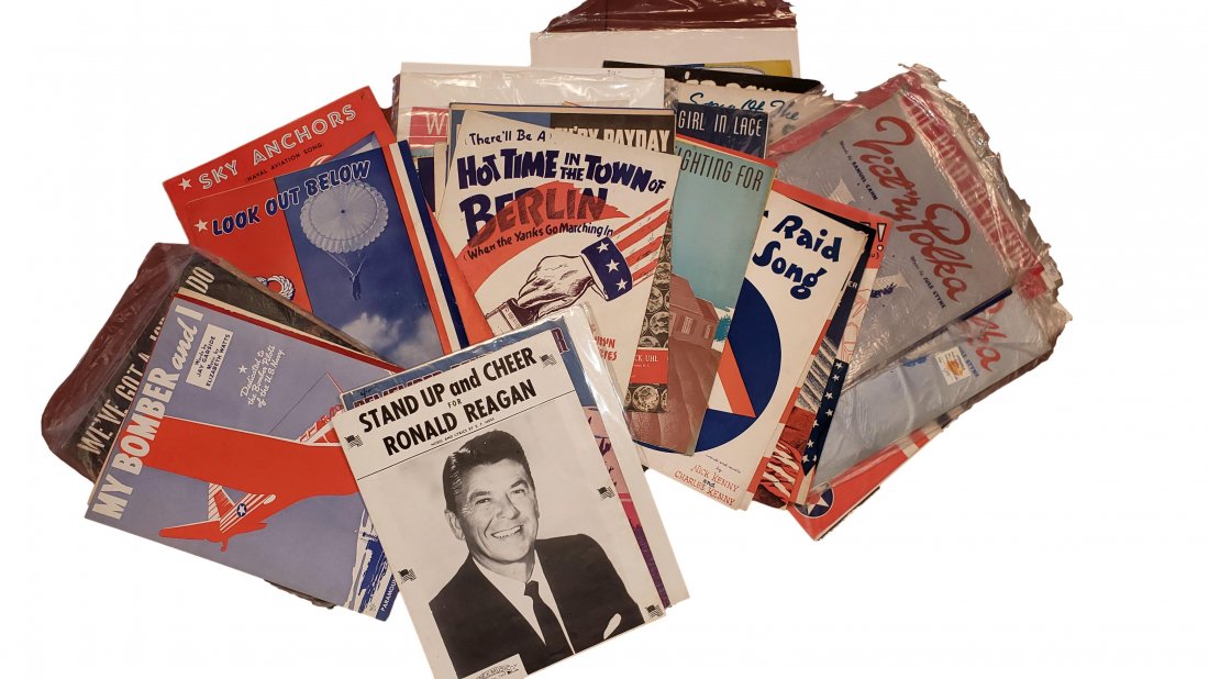 Militaria Sheet Music Lot - 50 plus items: 52 sheet music books that are intact in various conditions. Some of the patriotic sheet music has the advertising of buying war bonds and stamps for U.S. victory. Paramount Music Corporation is one of