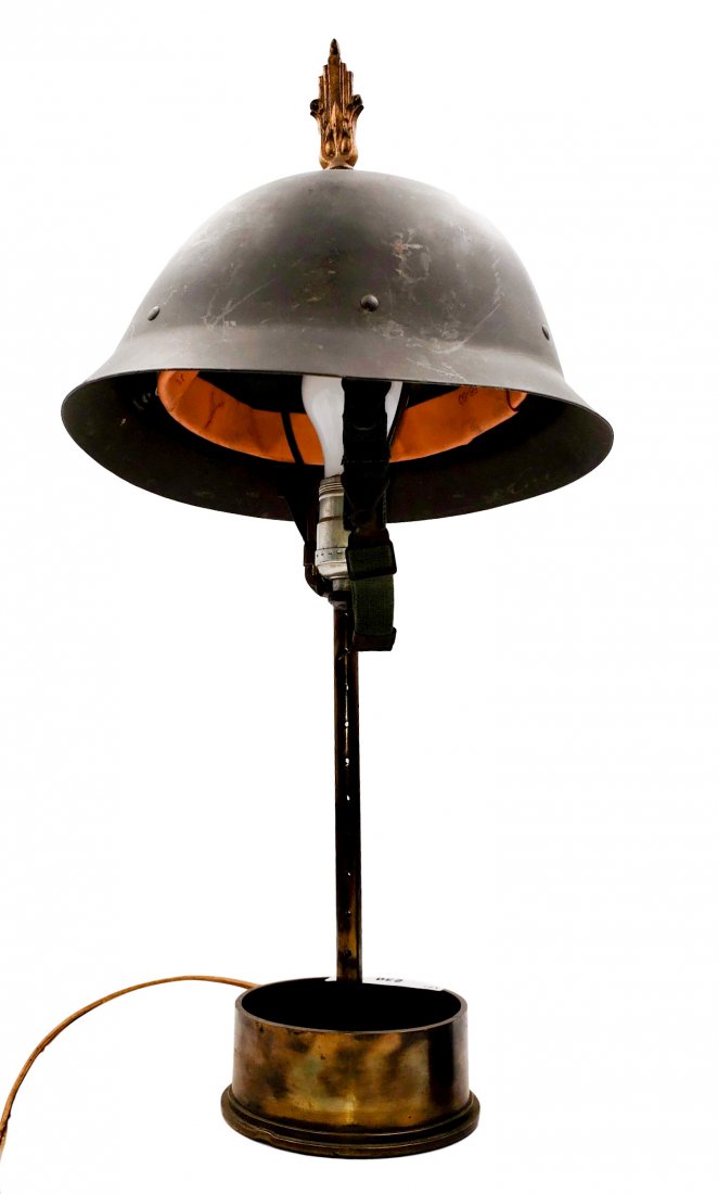 Trench Art Lamp-Mortor Shell with Helmet Shade: Trench Art Lamp, Mortor Shell Base with Helmet Shade. Brass base from a 90 MM M-19 shell, wired to create a single bulb desk lamp with metal military helmet shade and decorative finial on top. Tested 